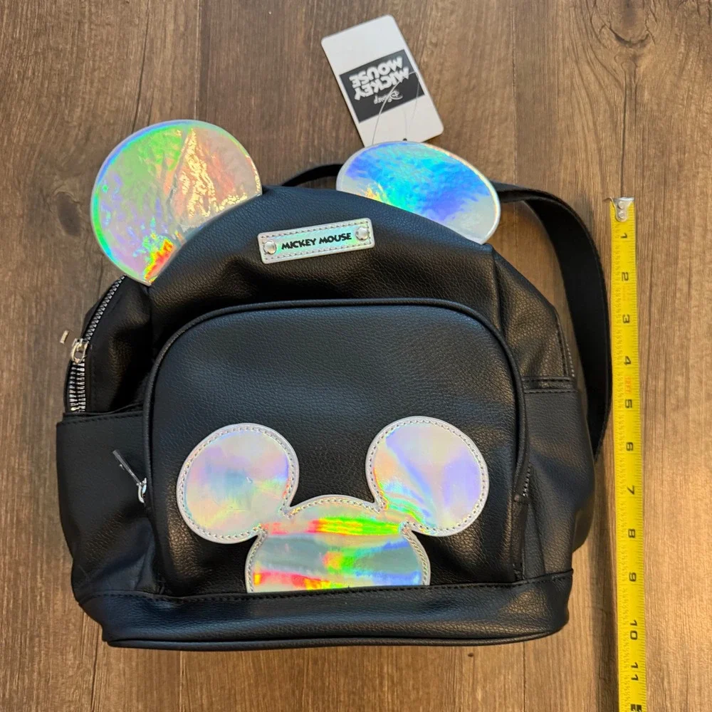 Disney Mickey Mouse Mini Backpack Small Black Holographic Iridescent Ears Goth